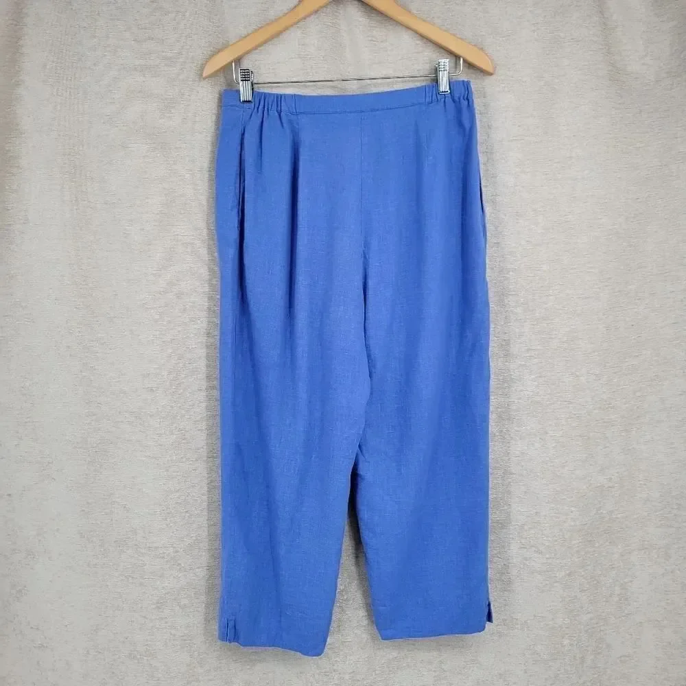 Bob Mackie Linen Blend Vintage Blue Embroidered Top and Matching Cropped Pants